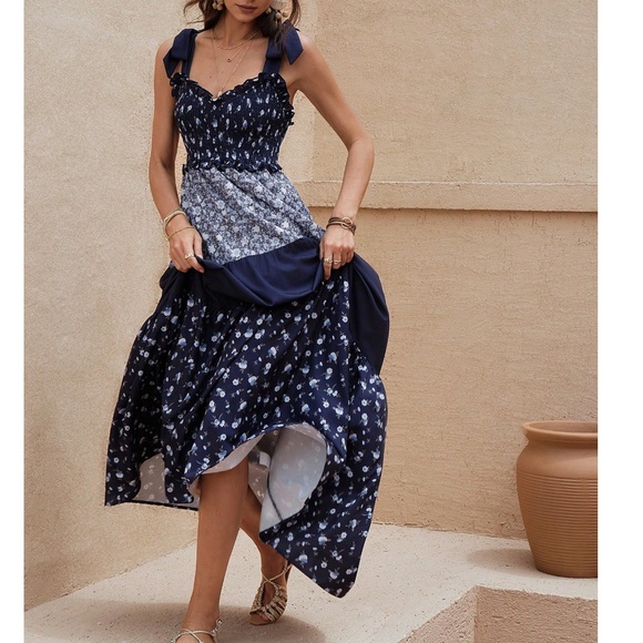 Boho Floral print Color Block Adjustable Straps maxi Dress - Picture 1 of 6